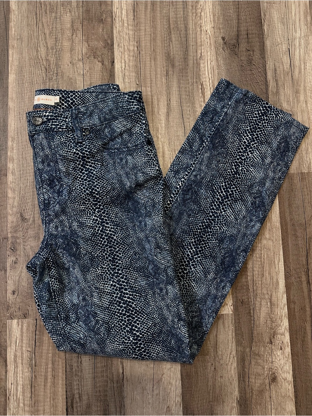 Tory Burch Blue Snake-Print Straight Leg Jeans